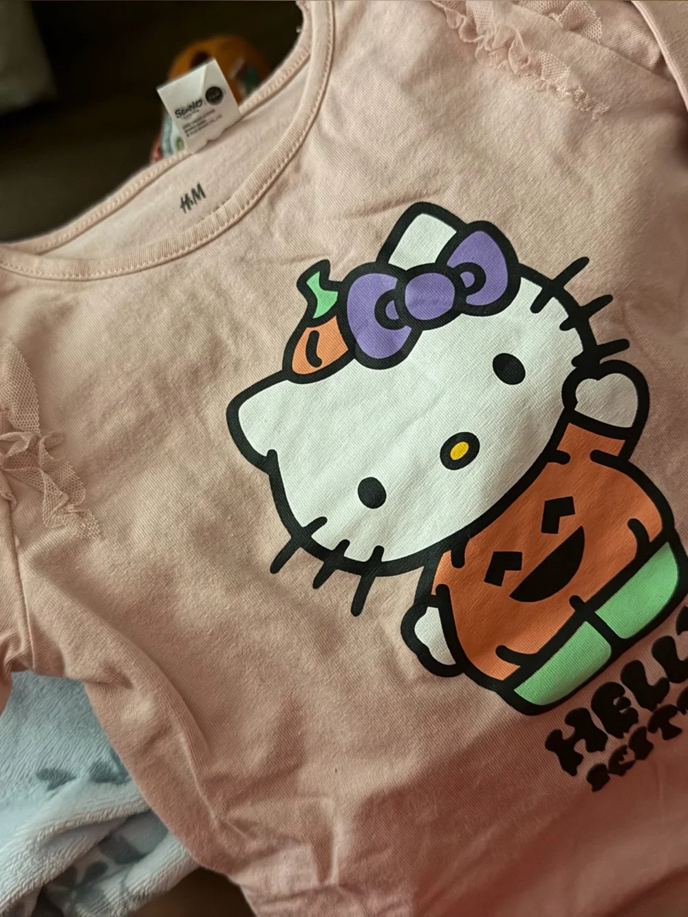 H&M Pink Hello Kitty Pumpkin Graphic Top with Orange, Green & Purple Accents